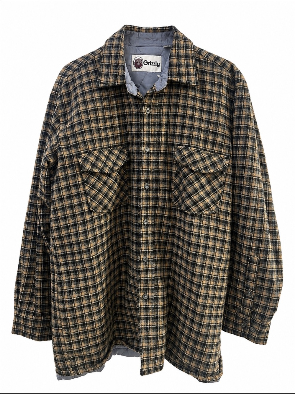 Grizzly Plaid Wool Blend Quilted Lined Shirt Jacket Shacket Men’s L Brown Gray